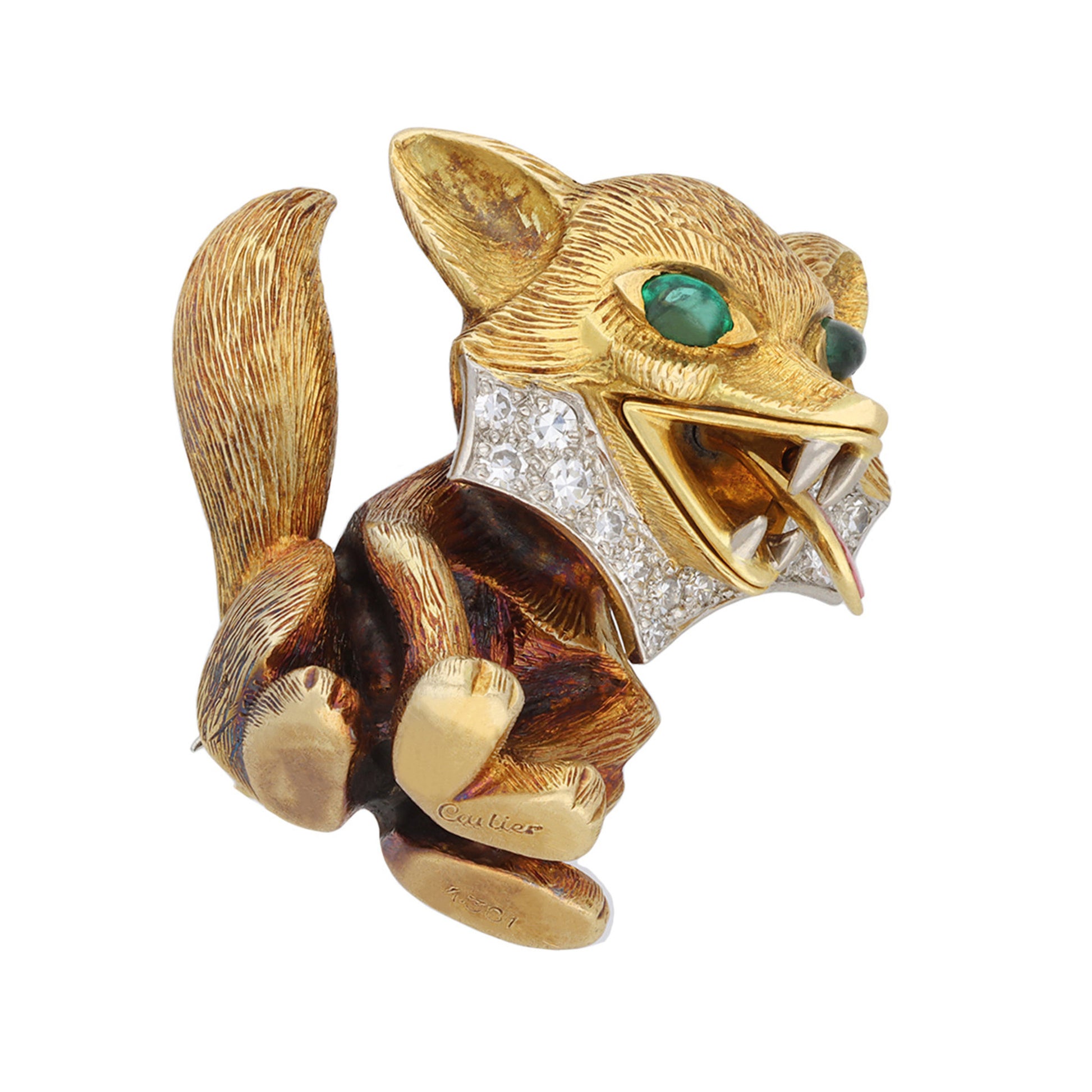 Cartier London 1960s Platinum & 18KT Yellow Gold Emerald, Diamond & Enamel Fox Brooch front