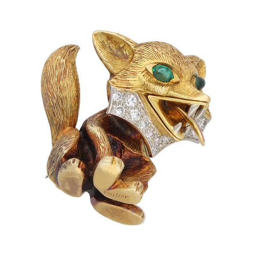 Cartier London 1960s Platinum & 18KT Yellow Gold Emerald, Diamond & Enamel Fox Brooch front