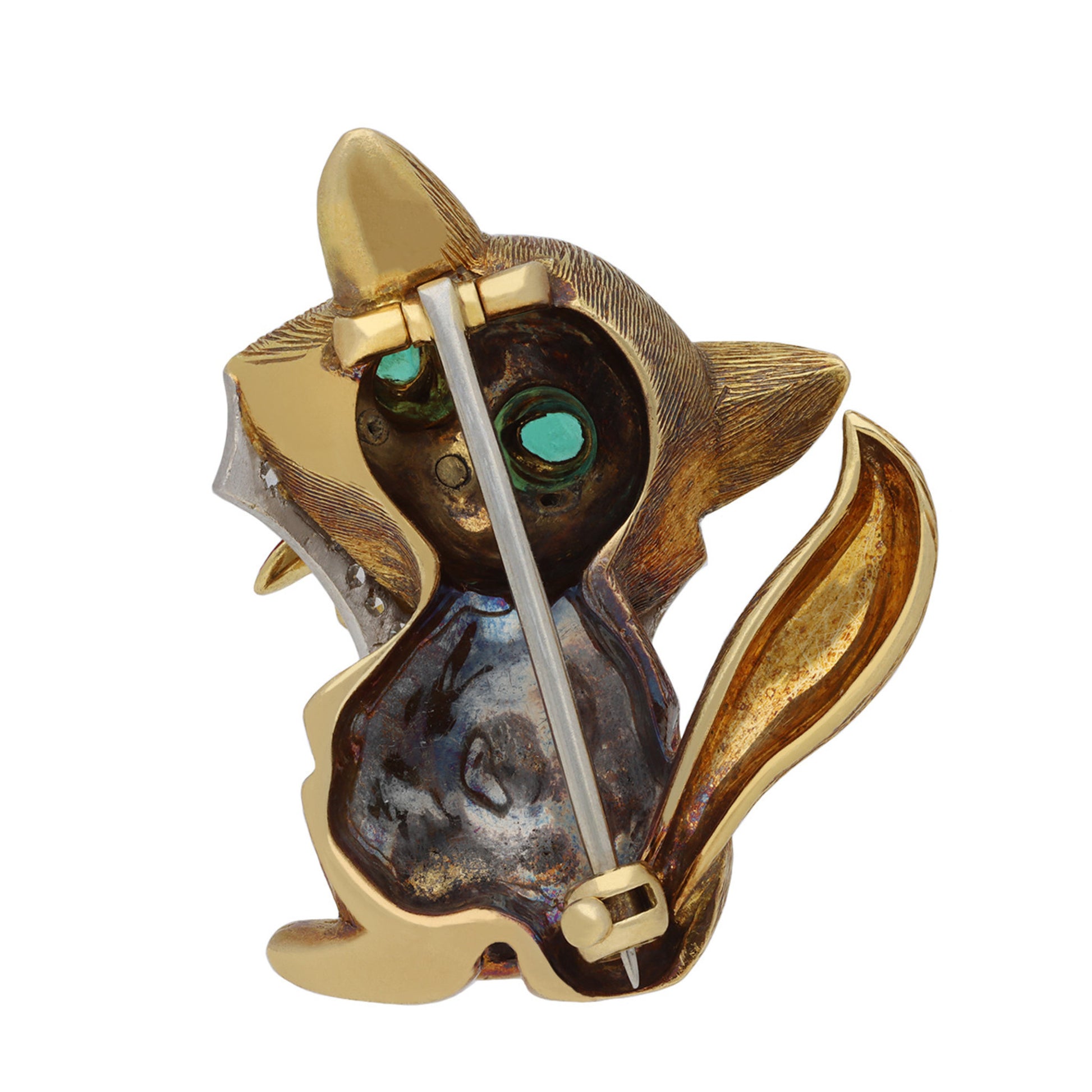 Cartier London 1960s Platinum & 18KT Yellow Gold Emerald, Diamond & Enamel Fox Brooch back