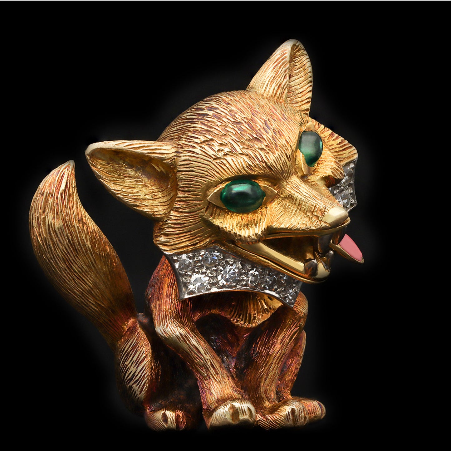 Cartier London 1960s Platinum & 18KT Yellow Gold Emerald, Diamond & Enamel Fox Brooch front