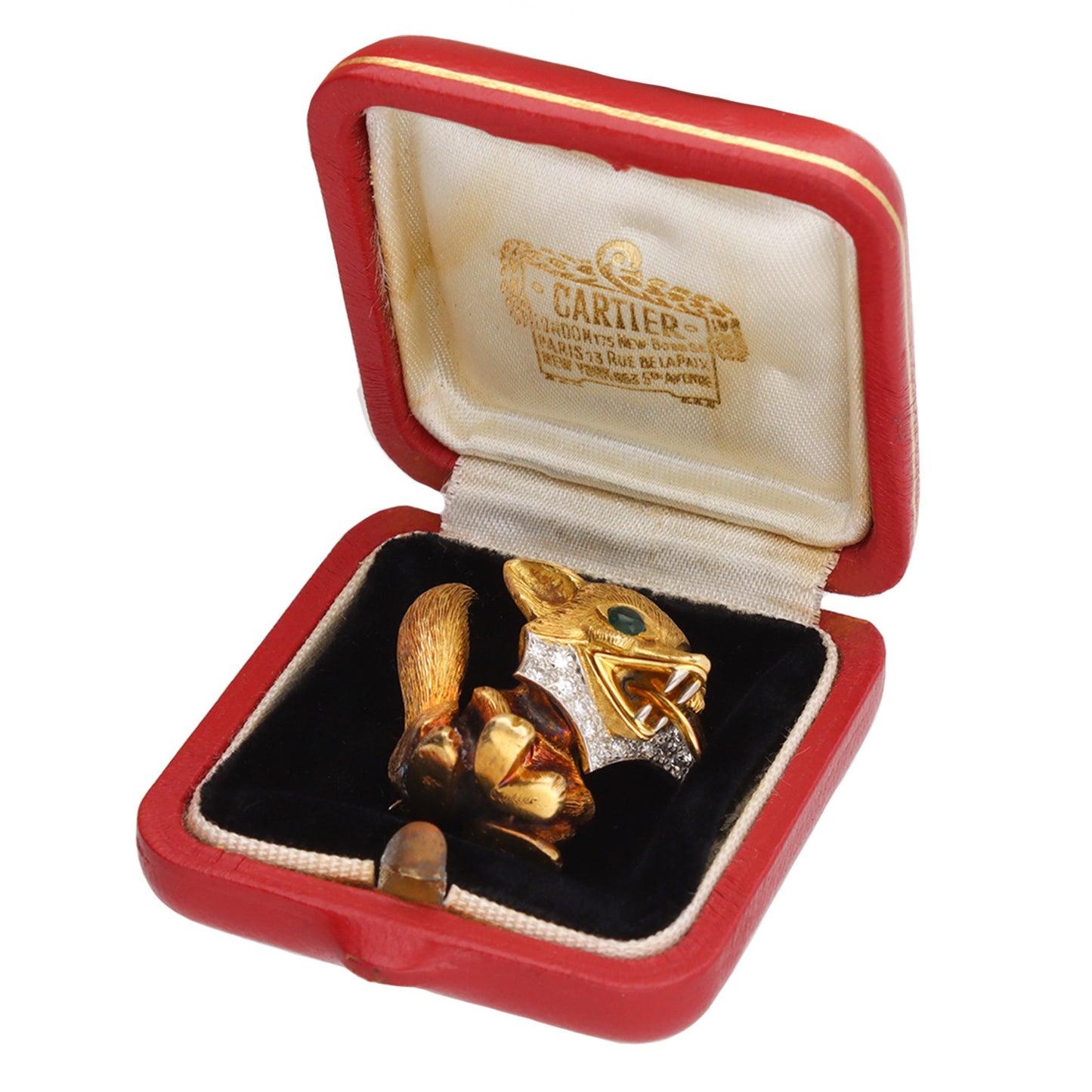 Cartier London 1960s Platinum & 18KT Yellow Gold Emerald, Diamond & Enamel Fox Brooch in box