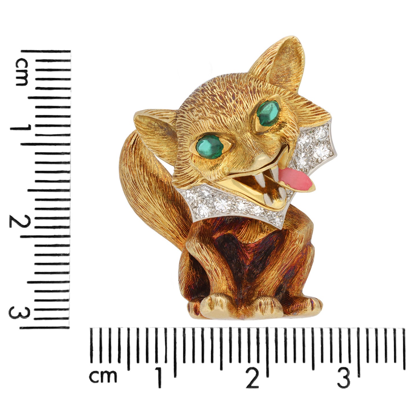 Cartier London 1960s Platinum & 18KT Yellow Gold Emerald, Diamond & Enamel Fox Brooch front