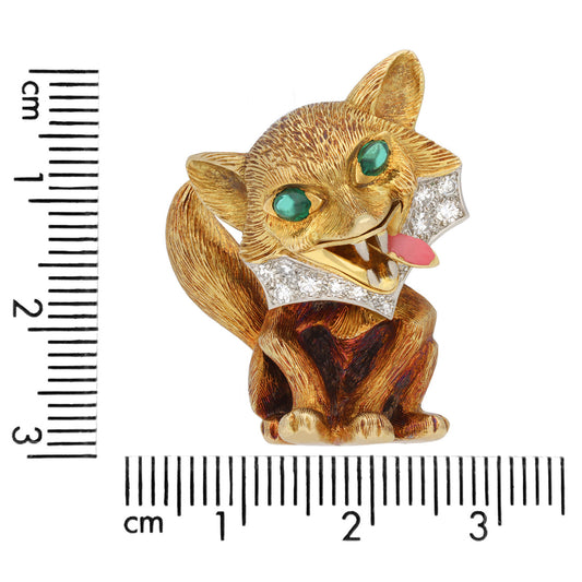 Cartier London 1960s Platinum & 18KT Yellow Gold Emerald, Diamond & Enamel Fox Brooch front