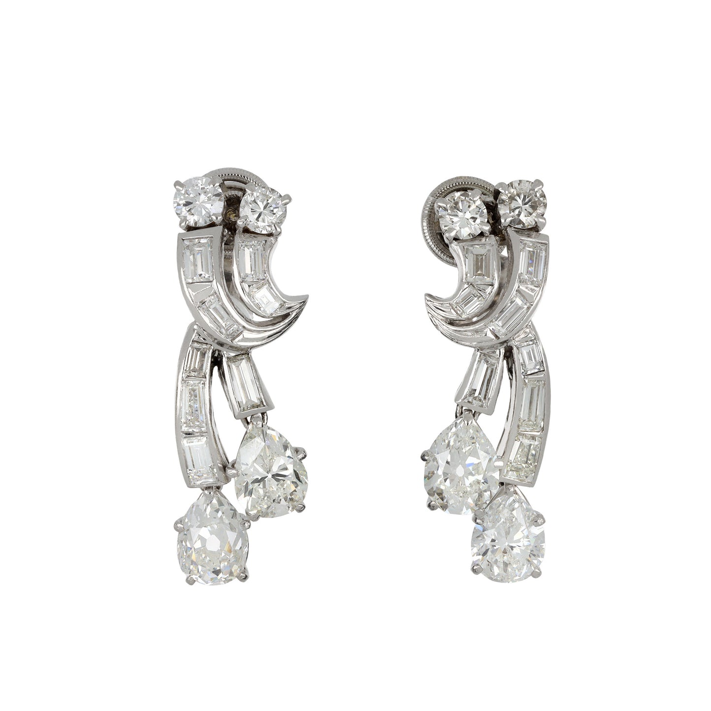 Boucheron London 1950s Platinum & 18KT White Gold Diamond Earrings front