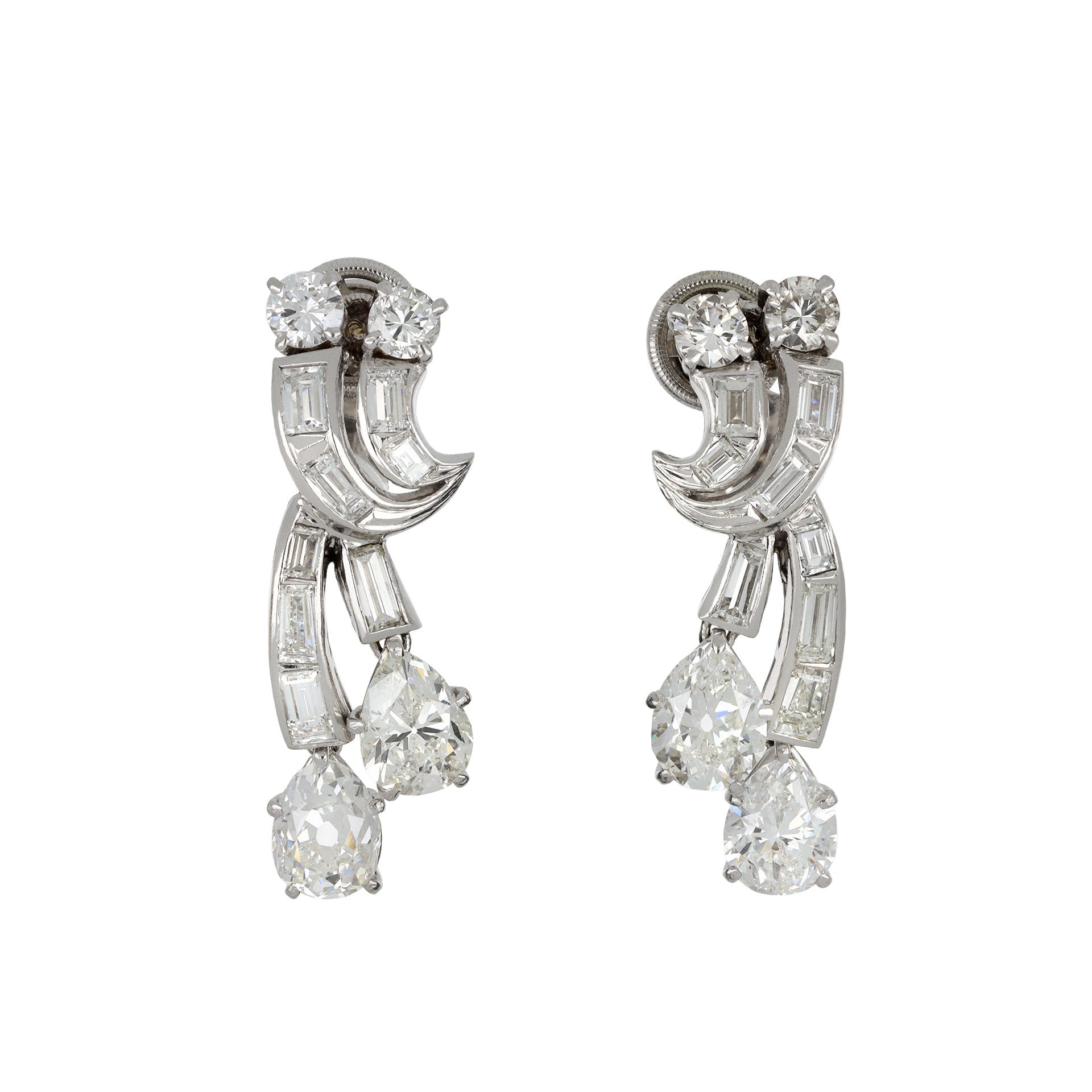 Boucheron London 1950s Platinum & 18KT White Gold Diamond Earrings front