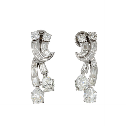 Boucheron London 1950s Platinum & 18KT White Gold Diamond Earrings front