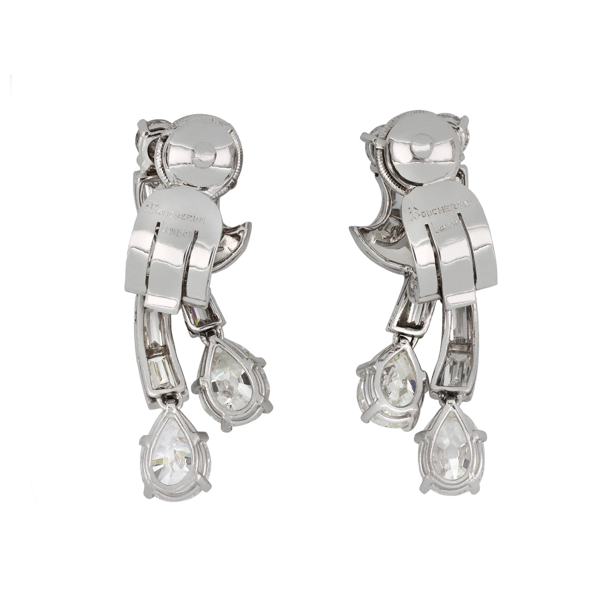 Boucheron London 1950s Platinum & 18KT White Gold Diamond Earrings back