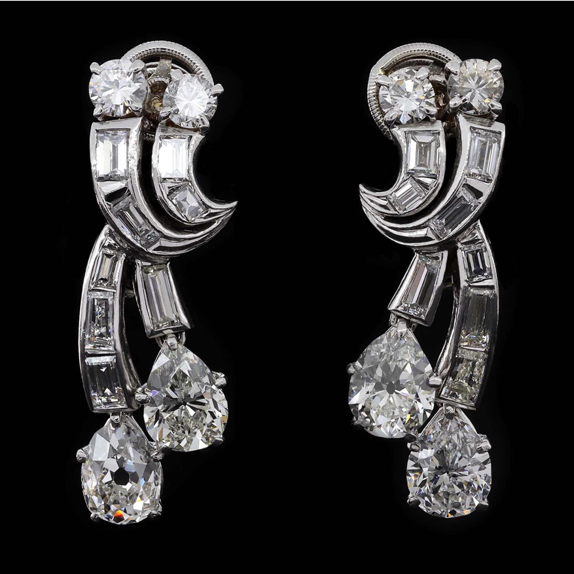 Boucheron London 1950s Platinum & 18KT White Gold Diamond Earrings front
