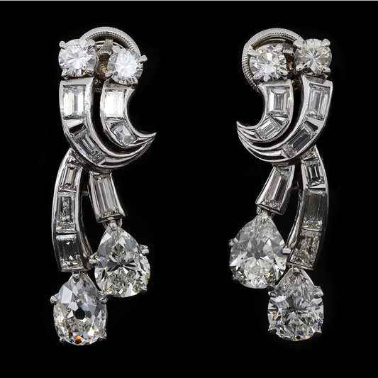 Boucheron London 1950s Platinum & 18KT White Gold Diamond Earrings front