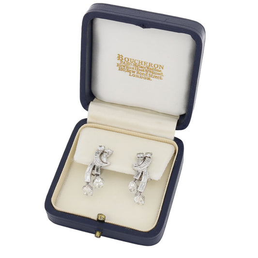 Boucheron London 1950s Platinum & 18KT White Gold Diamond Earrings in box