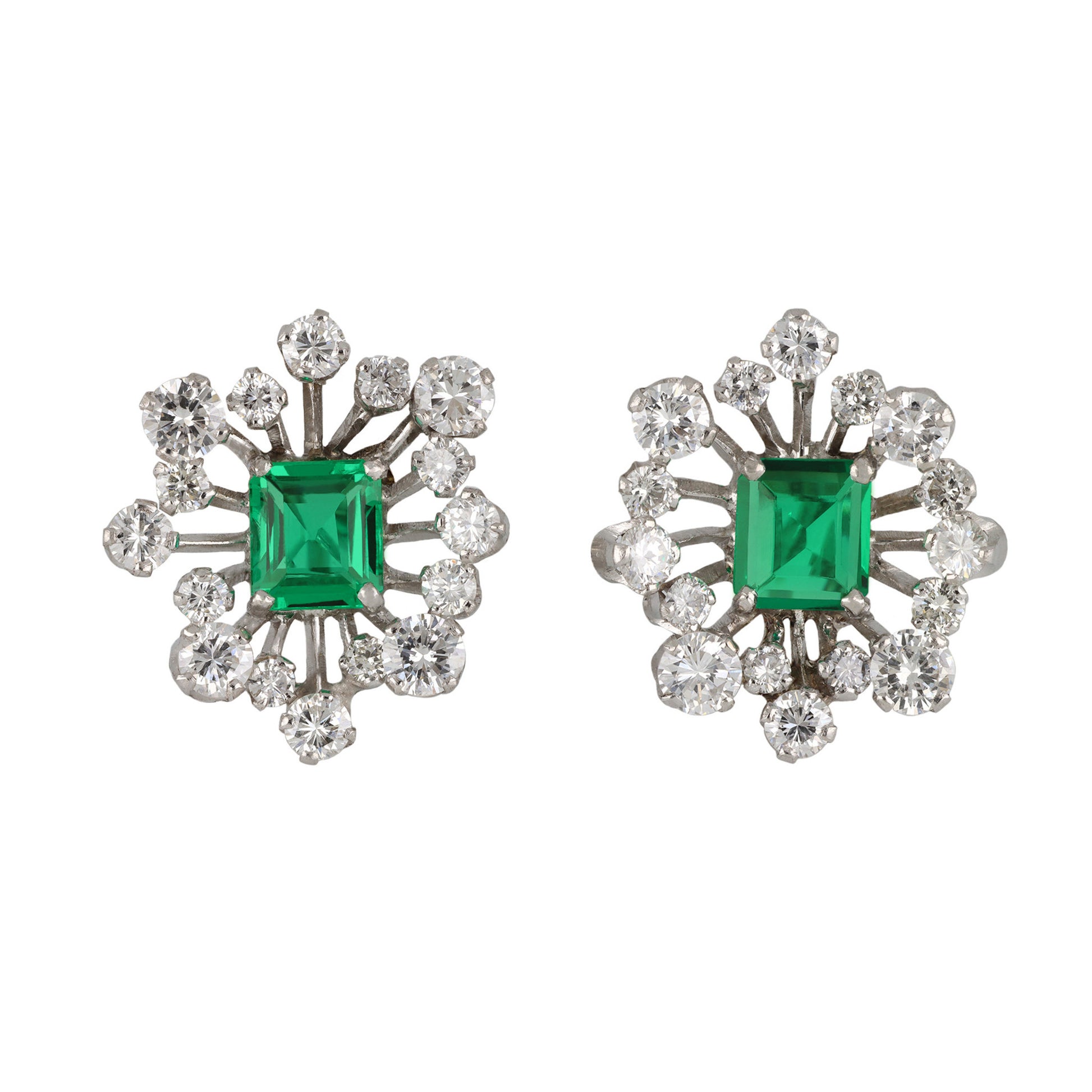 1950s Platinum Emerald & Diamond Earrings front