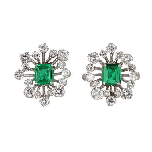 1950s Platinum Emerald & Diamond Earrings front