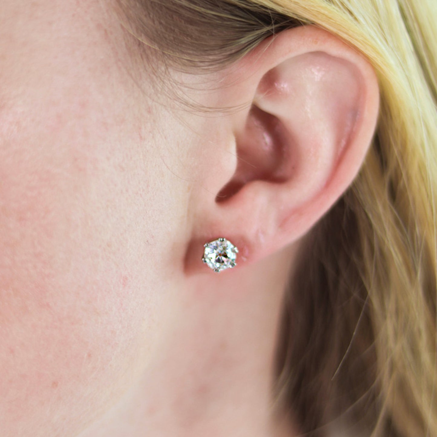 Edwardian Platinum & 18KT Rose Gold Diamond Earrings on ear