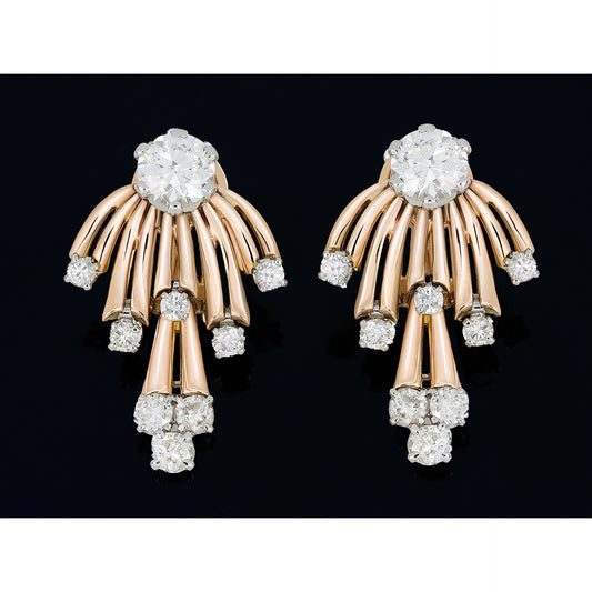 French 1950s Platinum & 18KT Yellow Gold Diamond Earrings front