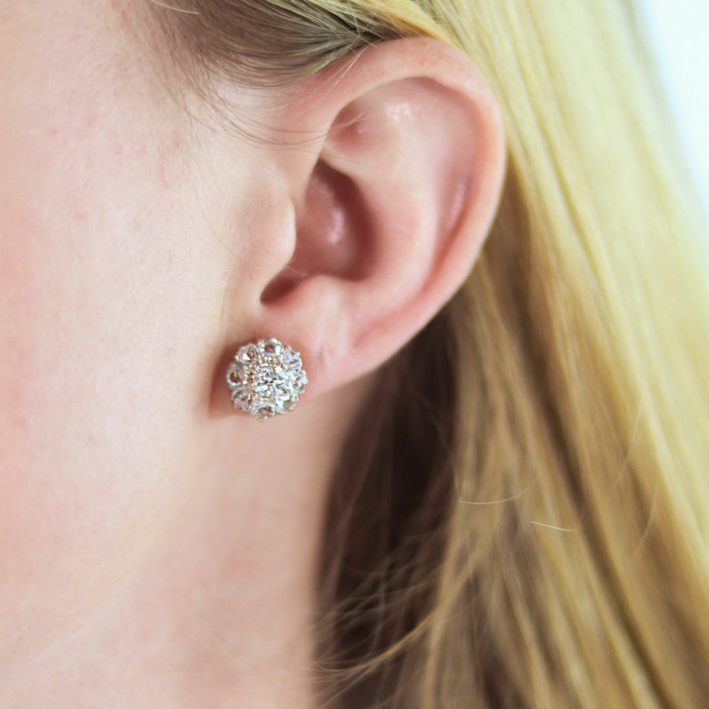 Edwardian Platinum & 18KT Yellow Gold Diamond Earrings on ear