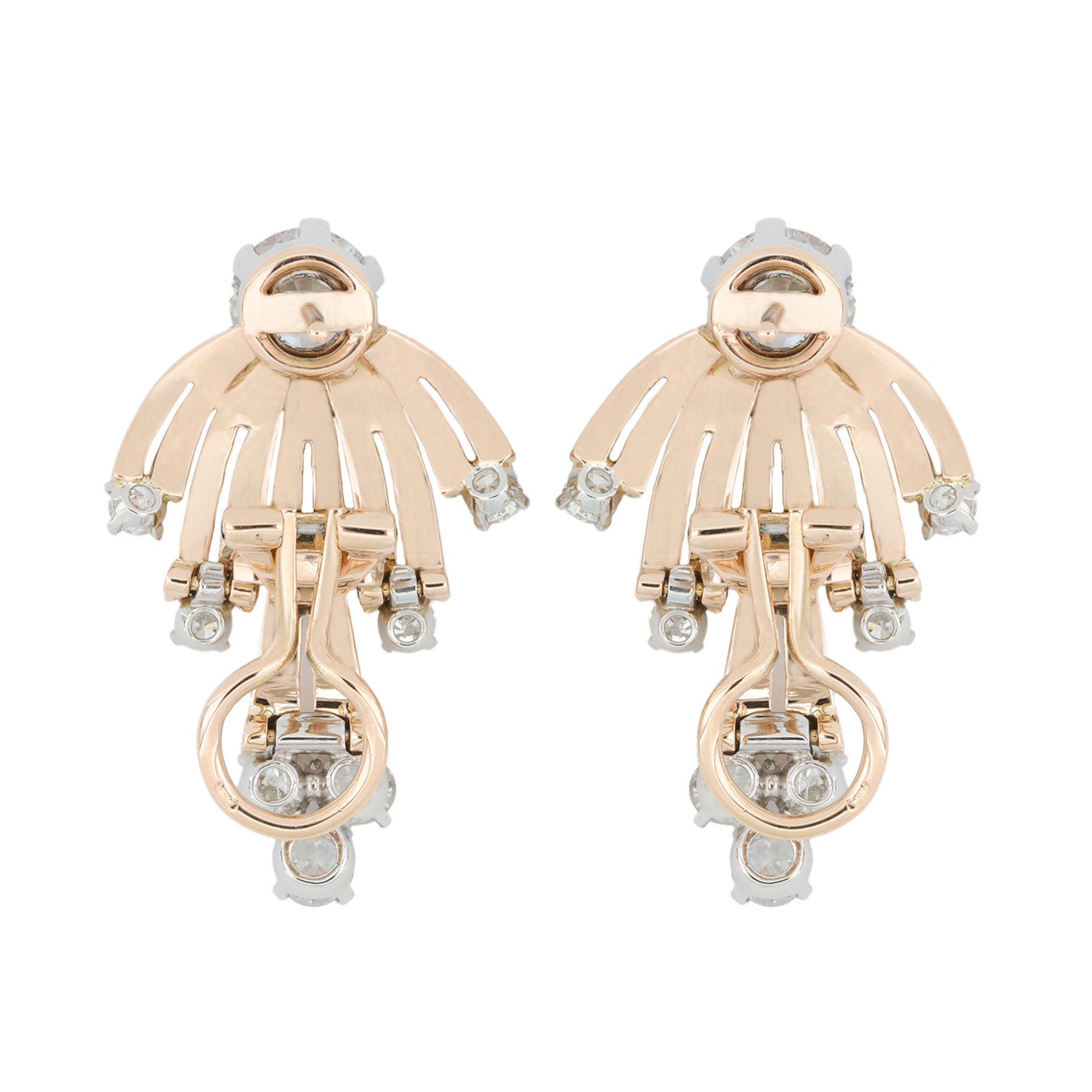 French 1950s Platinum & 18KT Yellow Gold Diamond Earrings back