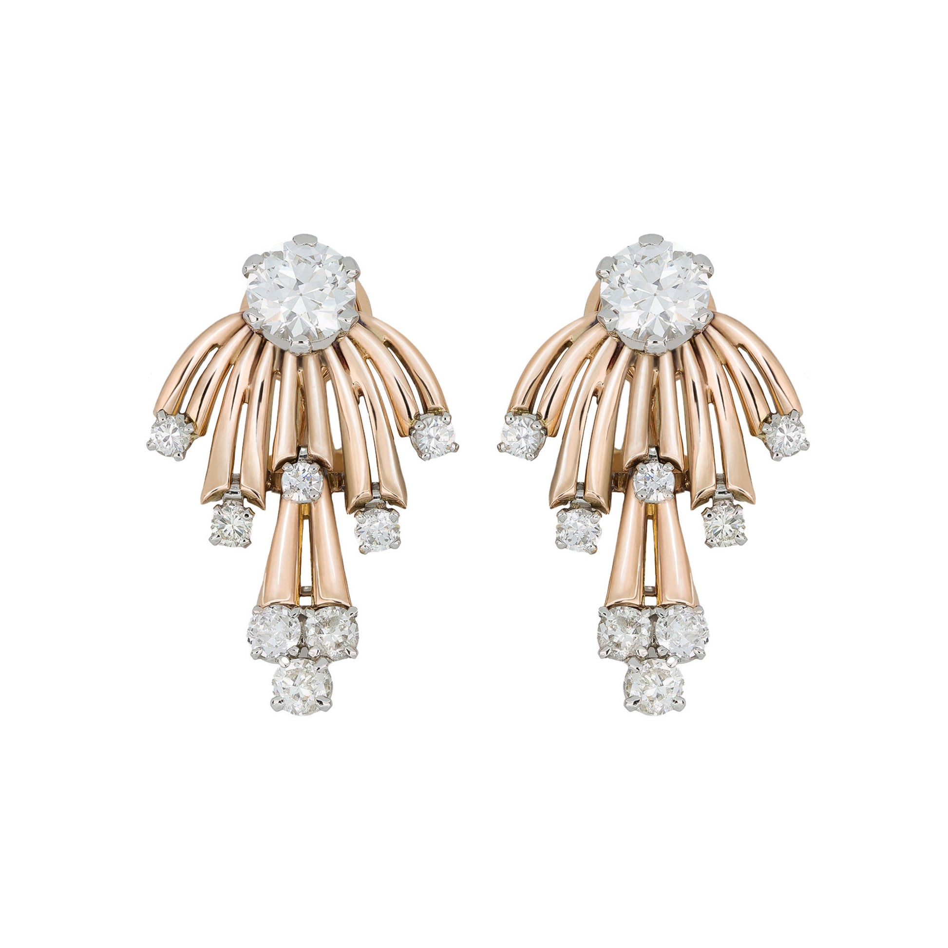 French 1950s Platinum & 18KT Yellow Gold Diamond Earrings front