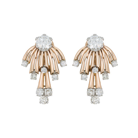 French 1950s Platinum & 18KT Yellow Gold Diamond Earrings front