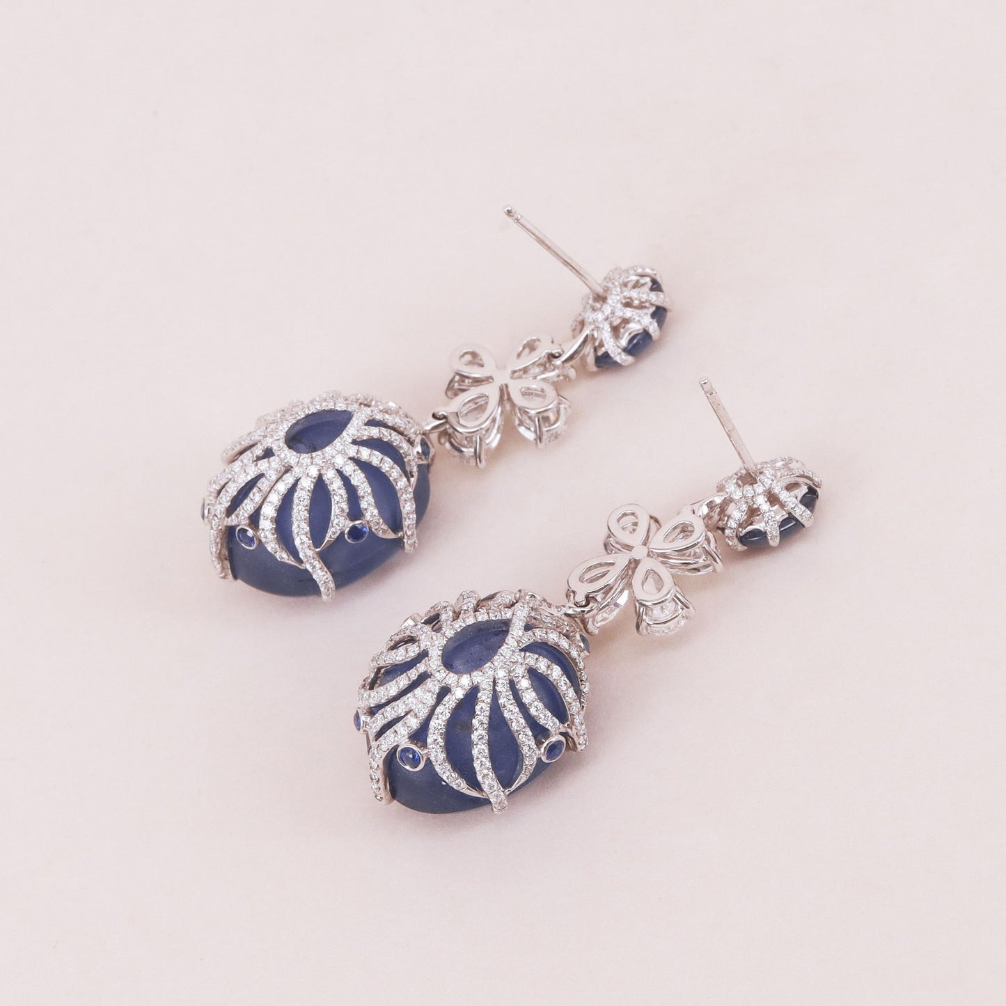 Contemporary 18KT White Gold Star Sapphire & Diamond Earrings back