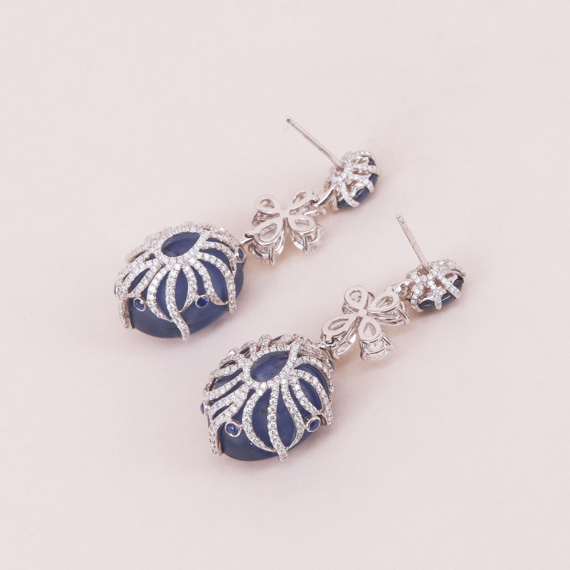 Contemporary 18KT White Gold Star Sapphire & Diamond Earrings back