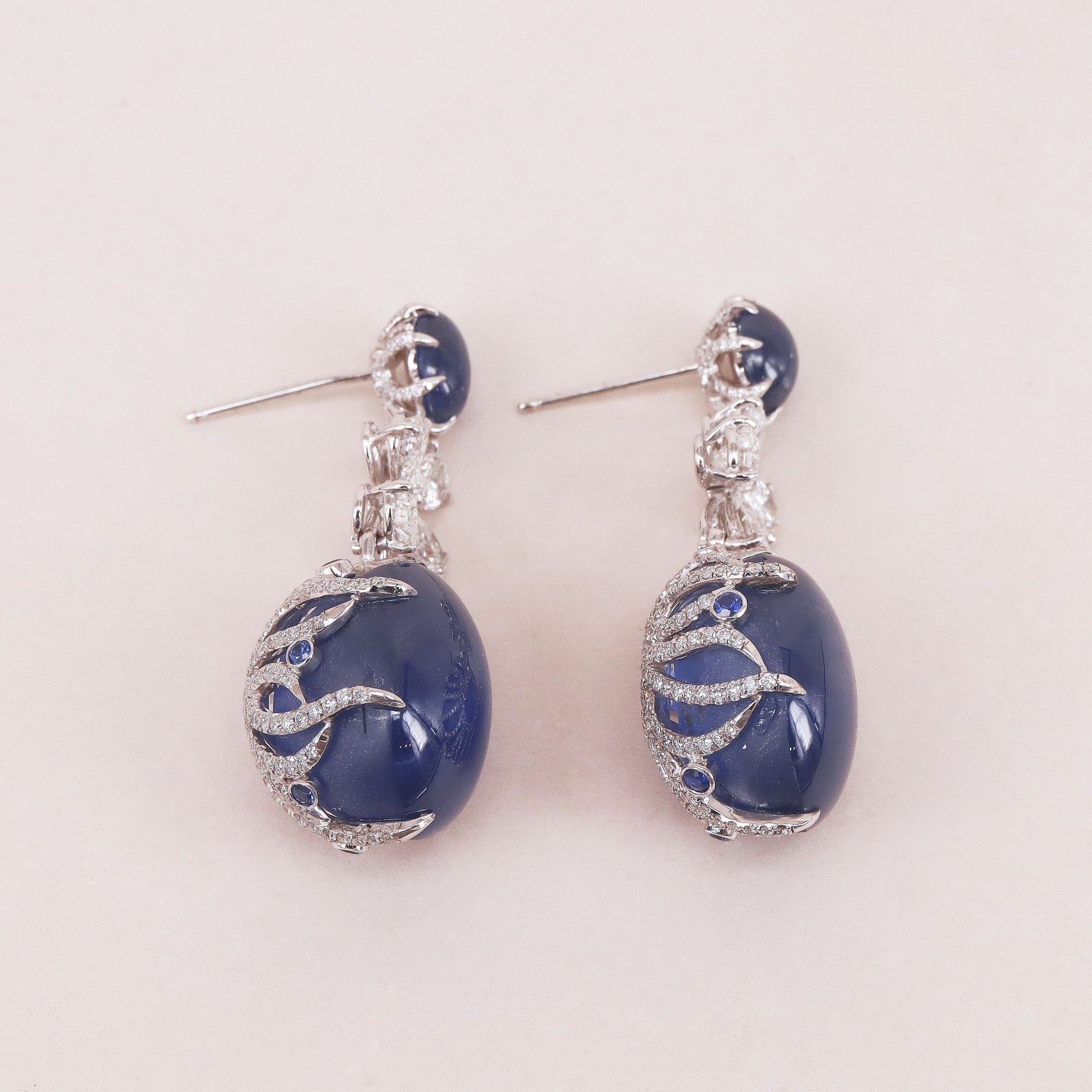 Contemporary 18KT White Gold Star Sapphire & Diamond Earrings side