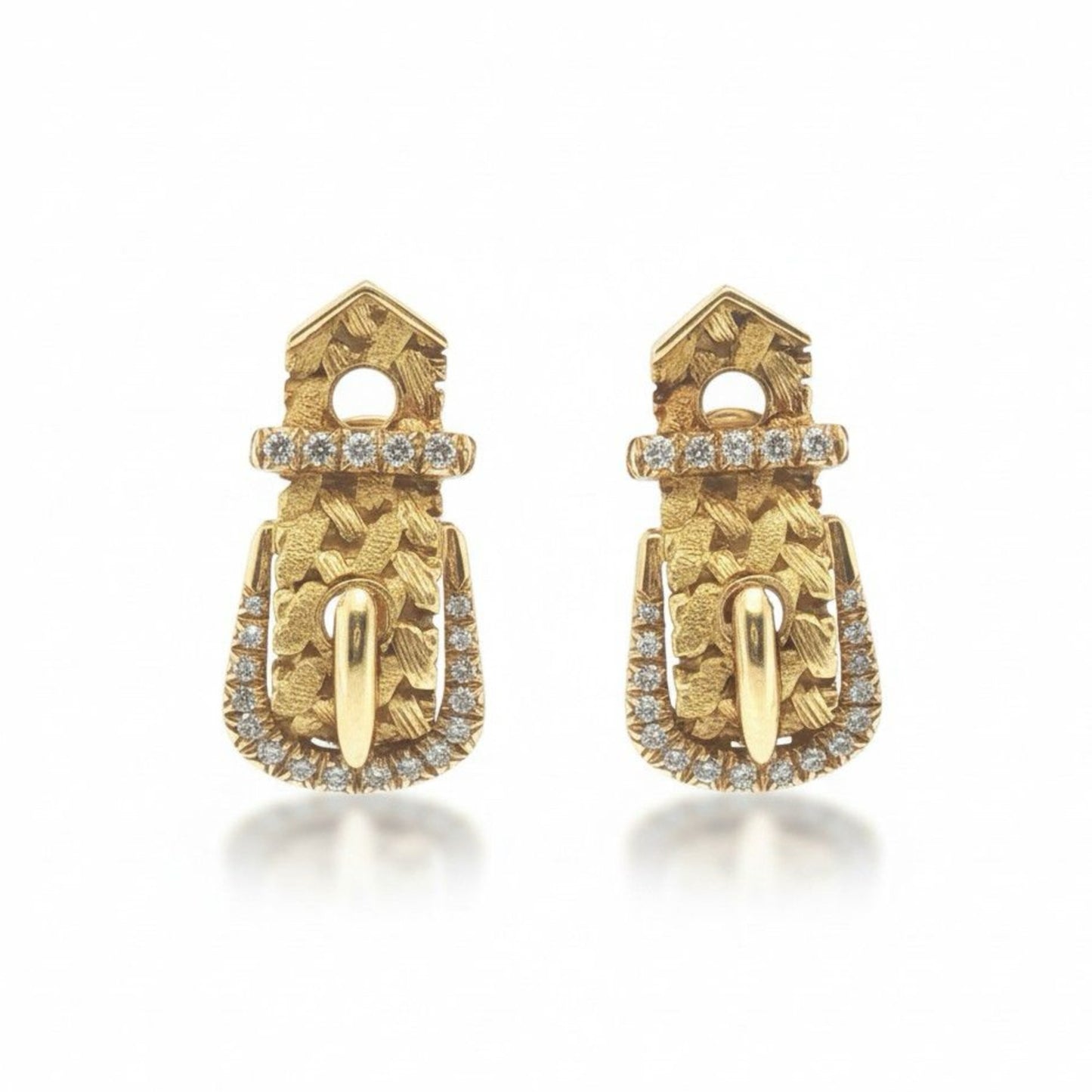 Hermes Paris 1980s 18KT Yellow Gold Diamond Buckle Earrings front