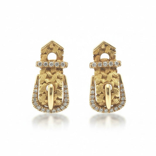 Hermes Paris 1980s 18KT Yellow Gold Diamond Buckle Earrings front