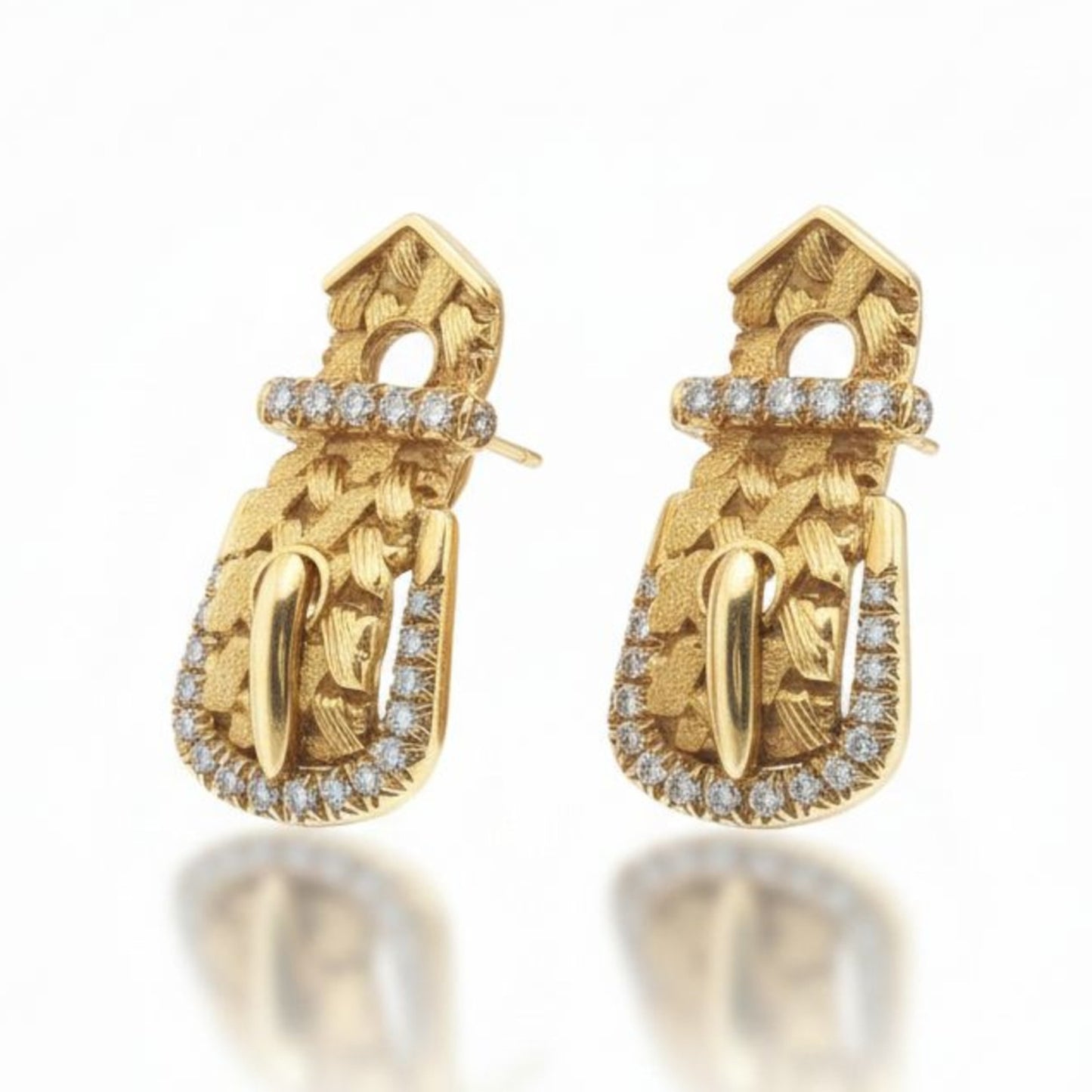 Hermes Paris 1980s 18KT Yellow Gold Diamond Buckle Earrings side