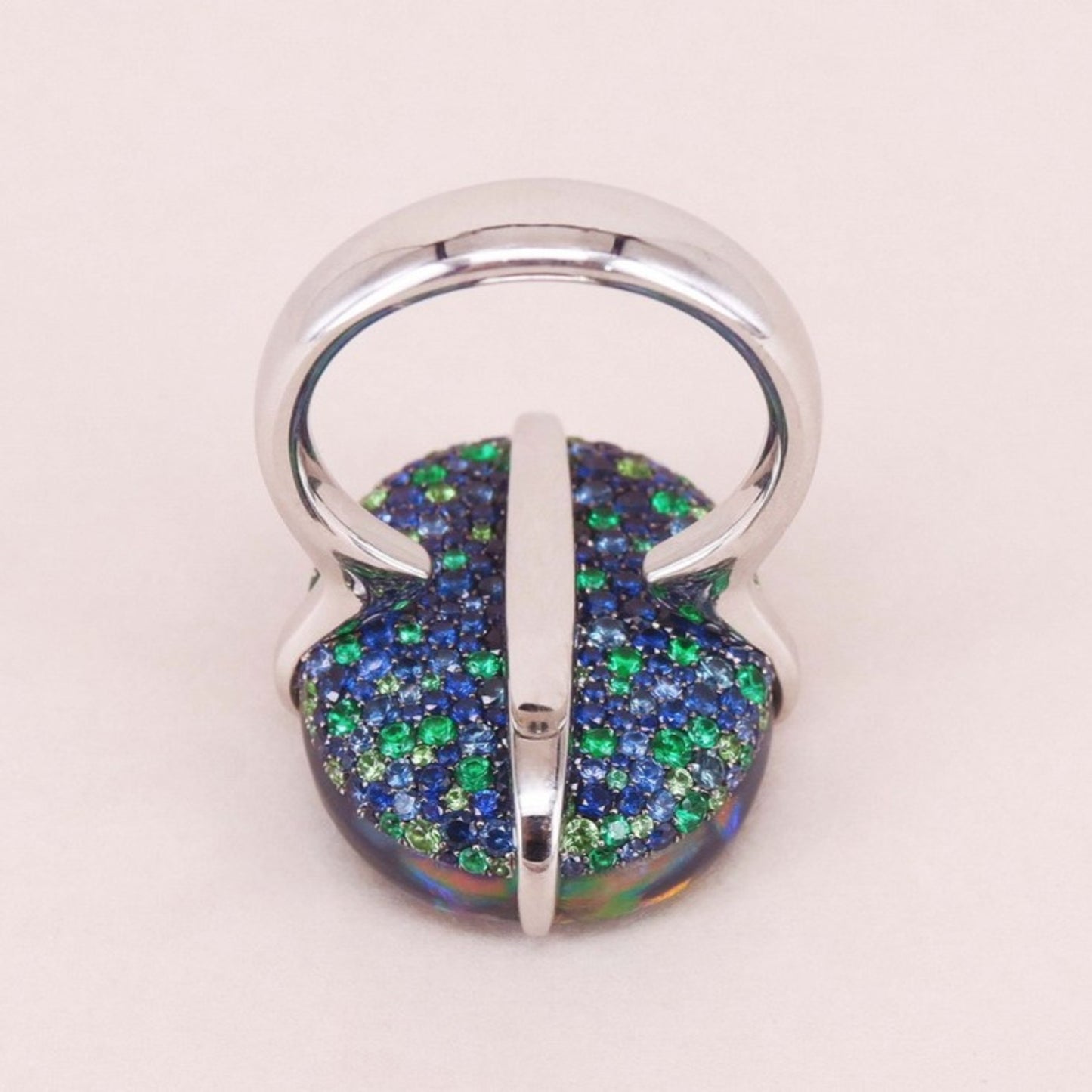 Contemporary 18KT White Gold Australian Opal, Emerald, Garnet Tsavorite & Sapphire Ring back