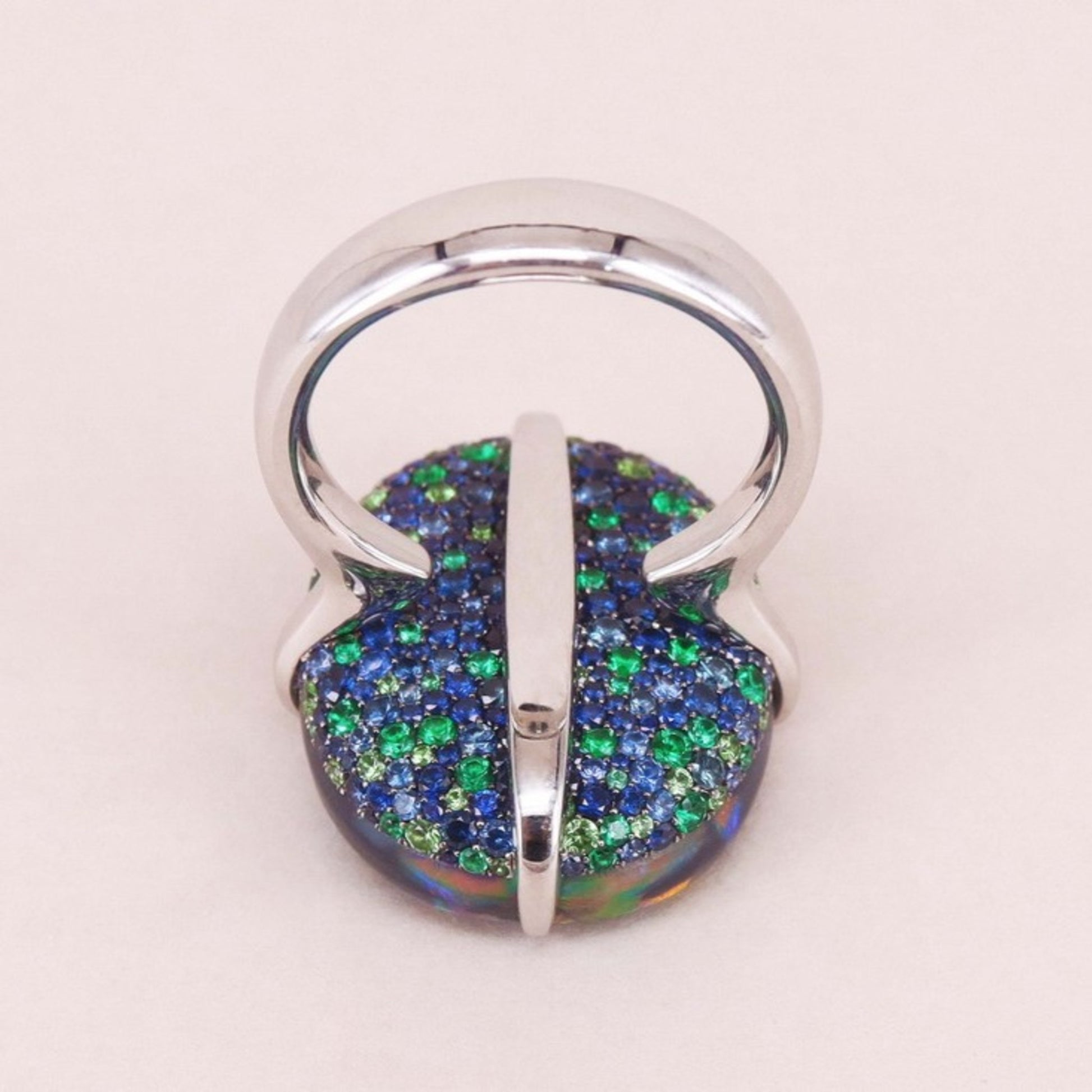Contemporary 18KT White Gold Australian Opal, Emerald, Garnet Tsavorite & Sapphire Ring back