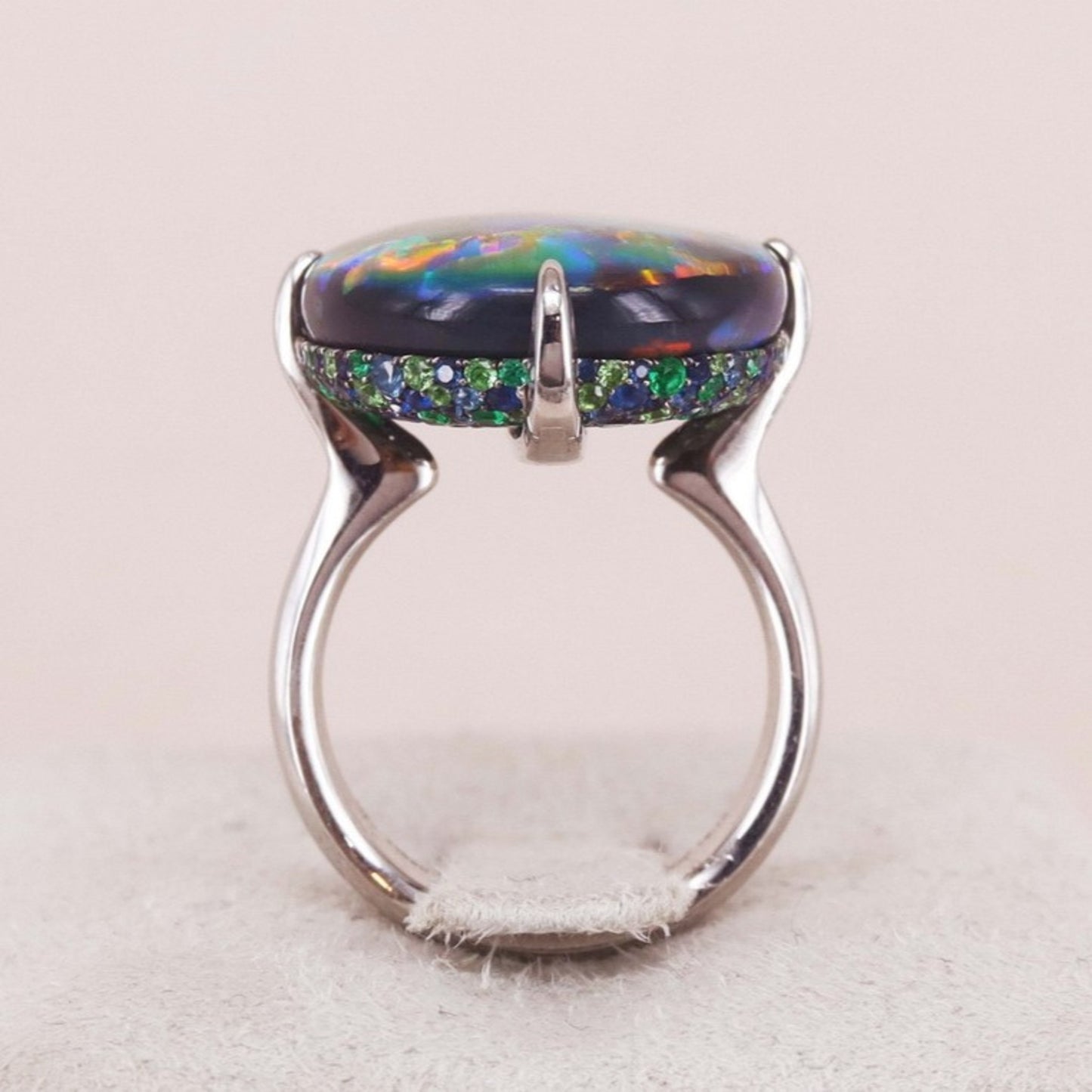 Contemporary 18KT White Gold Australian Opal, Emerald, Garnet Tsavorite & Sapphire Ring profile