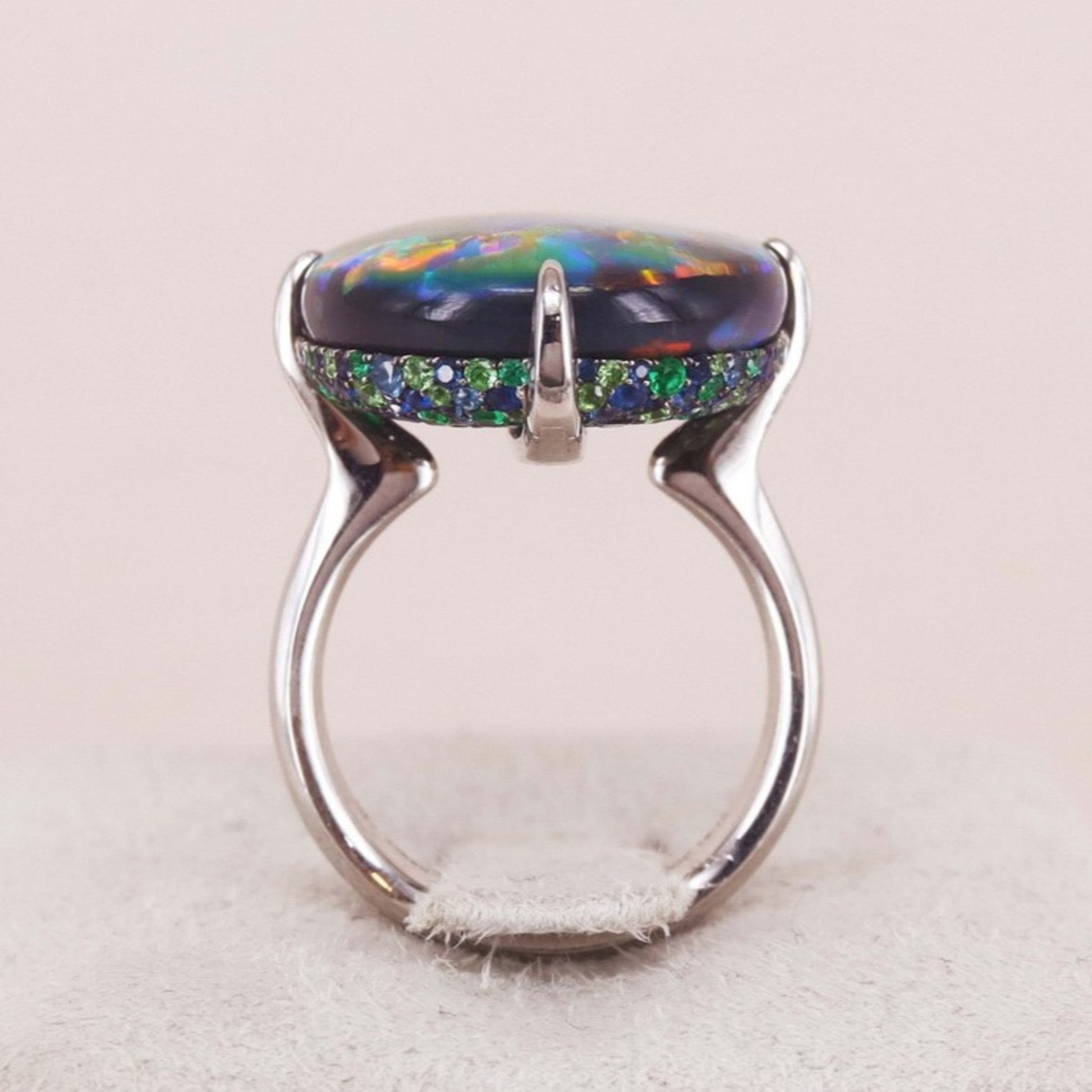 Contemporary 18KT White Gold Australian Opal, Emerald, Garnet Tsavorite & Sapphire Ring profile
