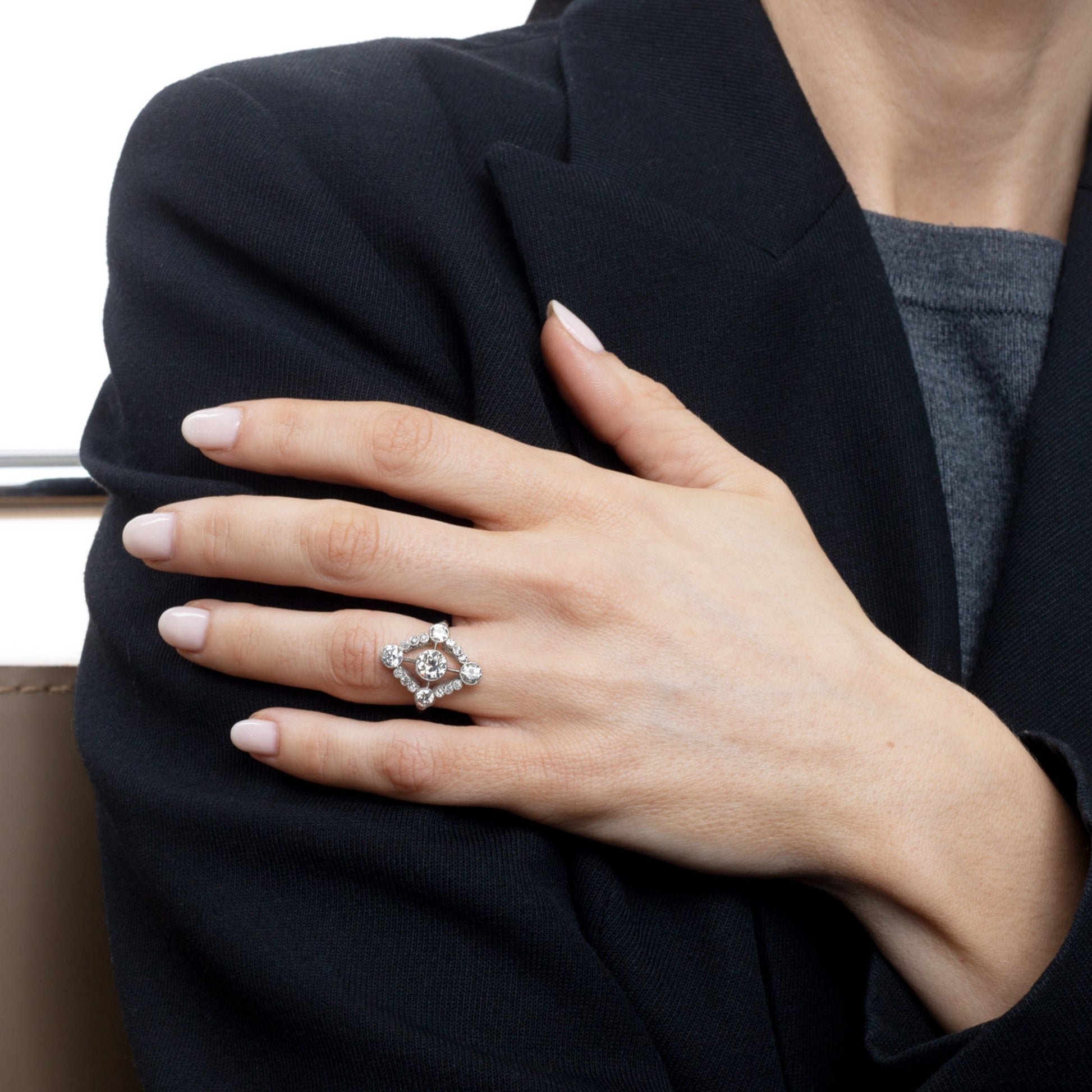French Art Deco Platinum Diamond Ring on finger