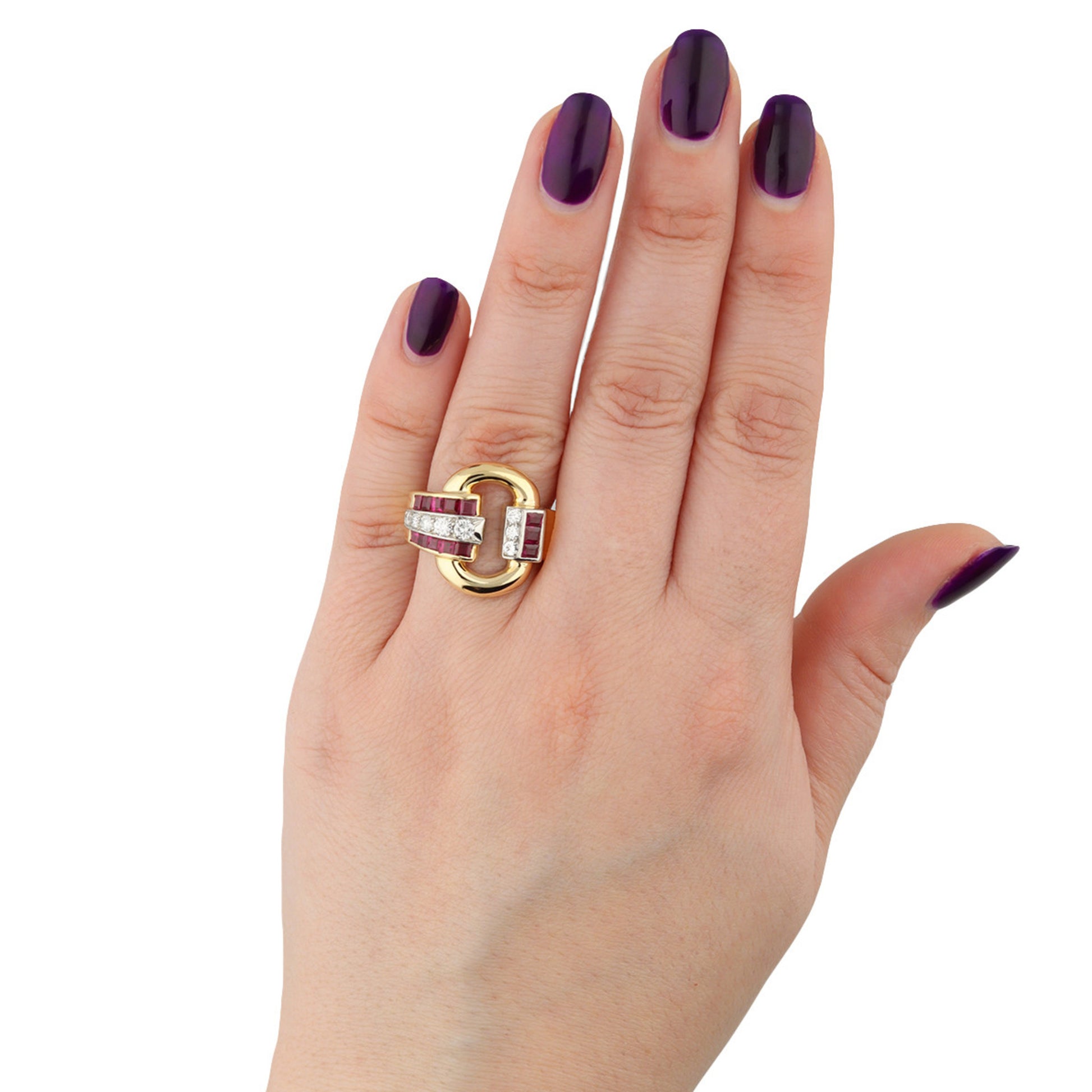 Tiffany & Co. 1940s Platinum & 18KT Yellow Gold Ruby & Diamond Ring on finger