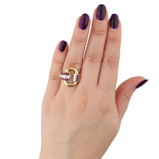 Tiffany & Co. 1940s Platinum & 18KT Yellow Gold Ruby & Diamond Ring on finger