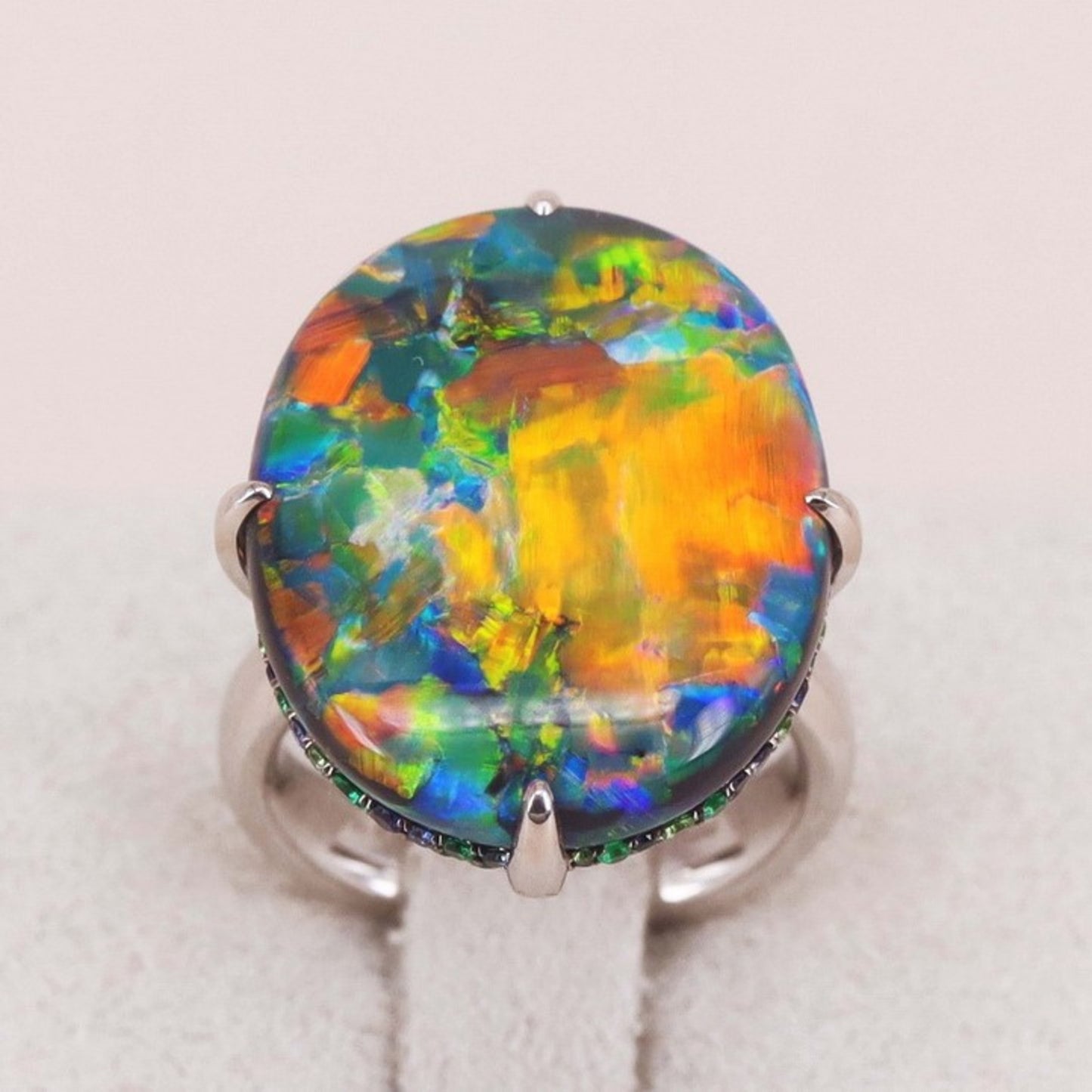 Contemporary 18KT White Gold Australian Opal, Emerald, Garnet Tsavorite & Sapphire Ring front