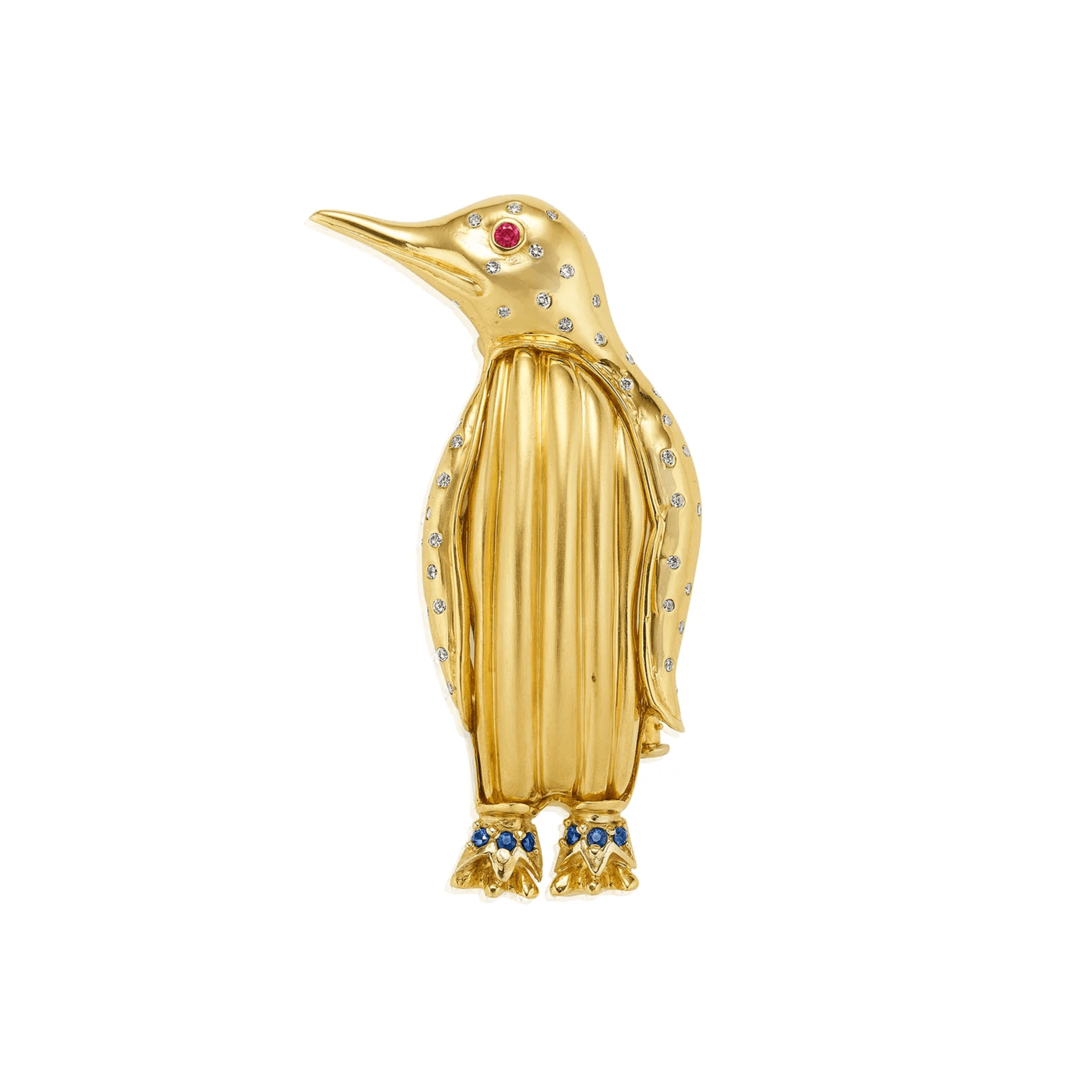 Cartier NY 1970s 18KT Yellow Gold Diamond, Ruby & Sapphire Penguin Brooch front