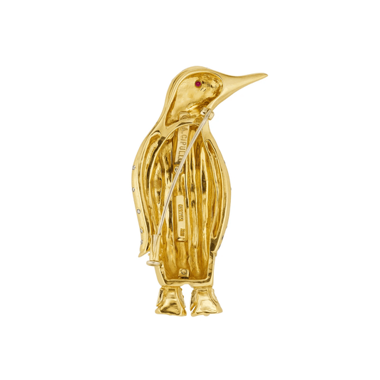 Cartier NY 1970s 18KT Yellow Gold Diamond, Ruby & Sapphire Penguin Brooch back