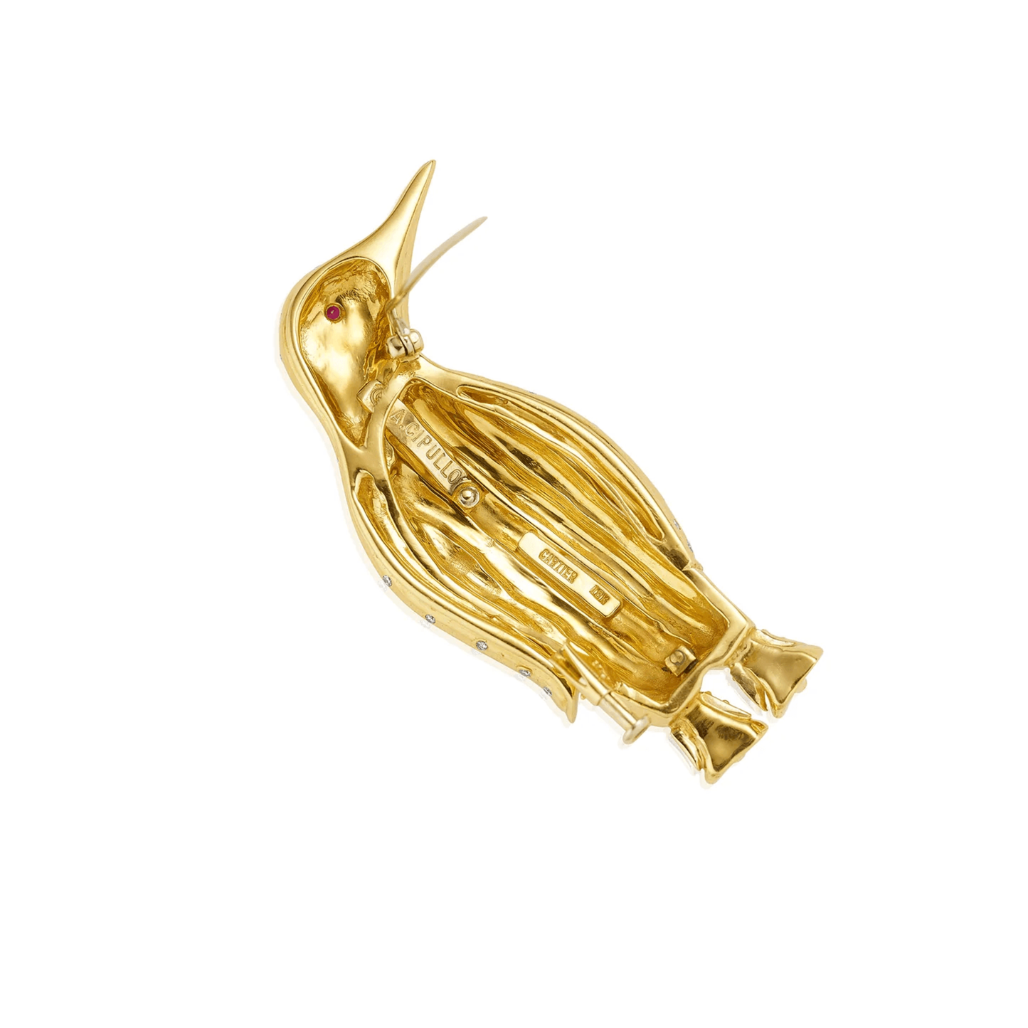 Cartier NY 1970s 18KT Yellow Gold Diamond, Ruby & Sapphire Penguin Brooch back