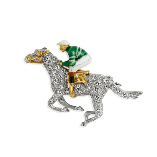 Alabaster & Wilson 1950s Platinum & 18KT Yellow Gold Diamond & Enamel Jockey Brooch front