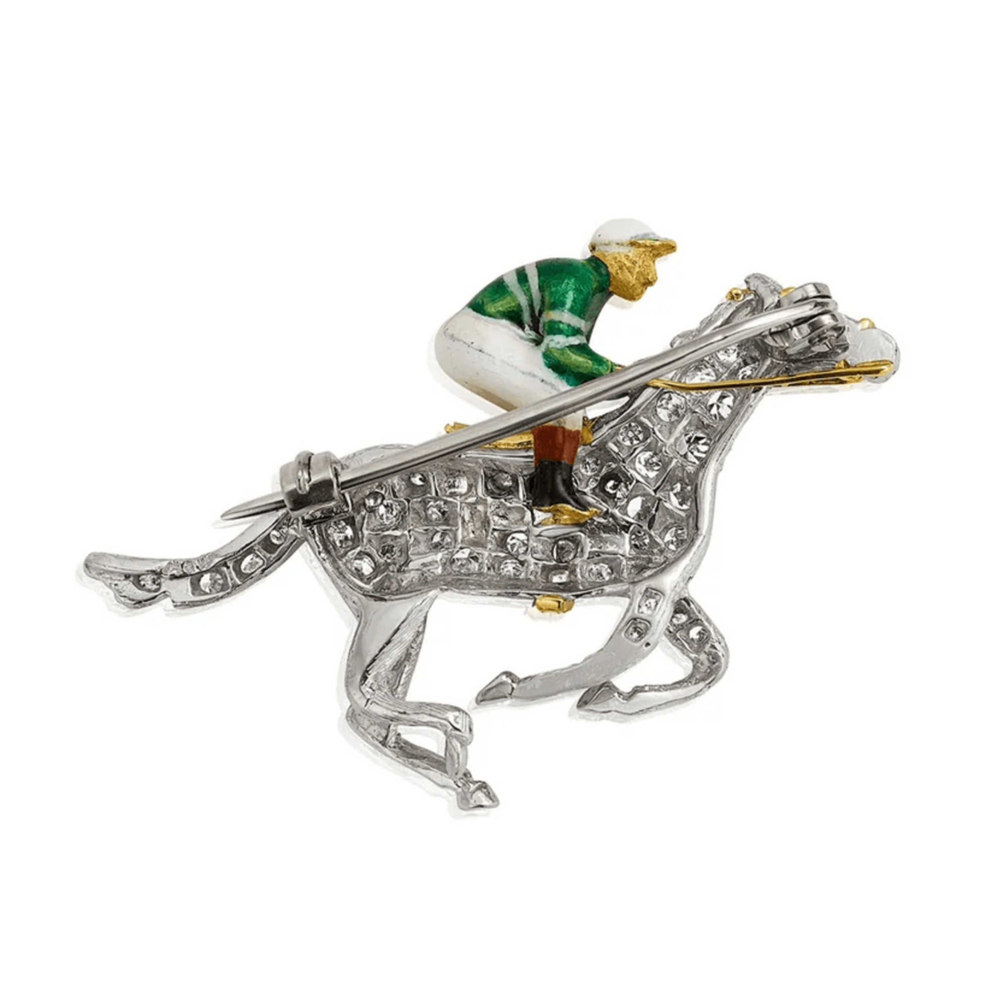 Alabaster & Wilson 1950s Platinum & 18KT Yellow Gold Diamond & Enamel Jockey Brooch back
