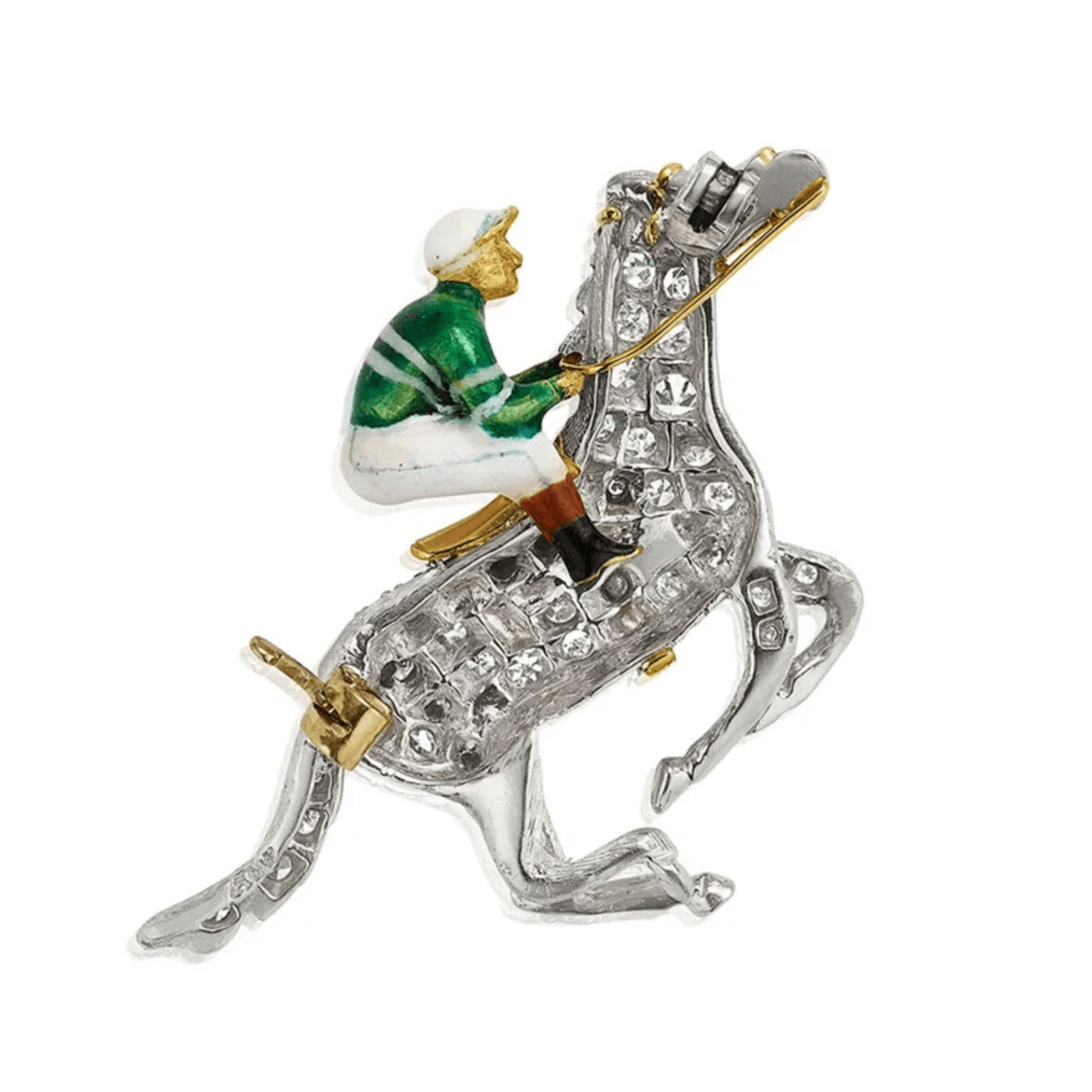Alabaster & Wilson 1950s Platinum & 18KT Yellow Gold Diamond & Enamel Jockey Brooch back