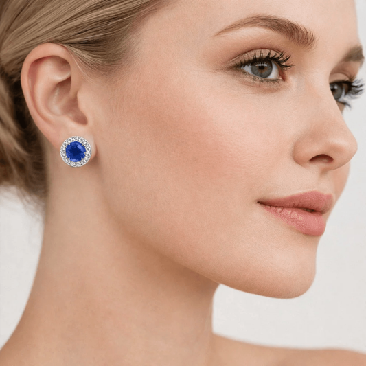 Contemporary 18KT White Gold Sapphire & Diamond Earrings on ear