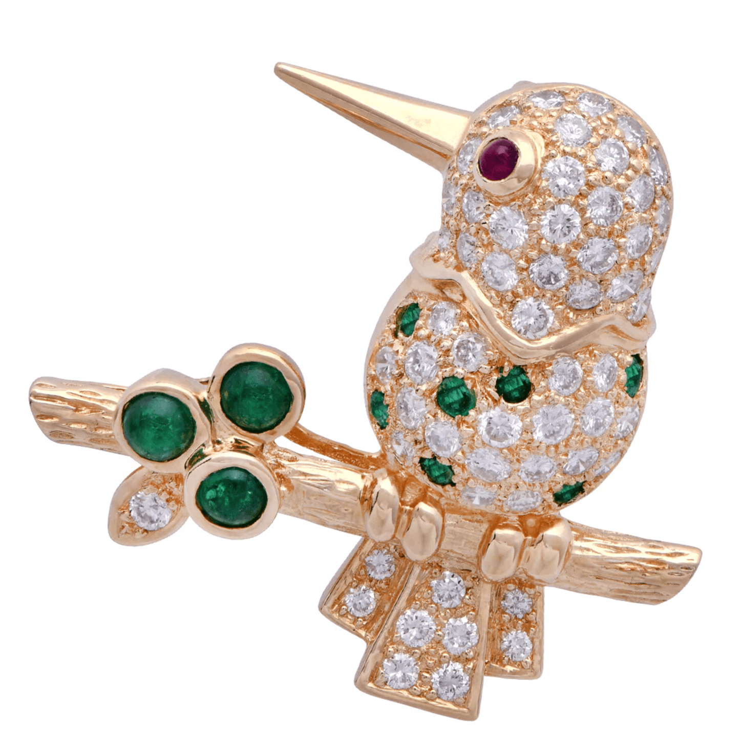 1980s 18KT Yellow Gold Diamond, Emerald & Ruby Hummingbird Brooch front