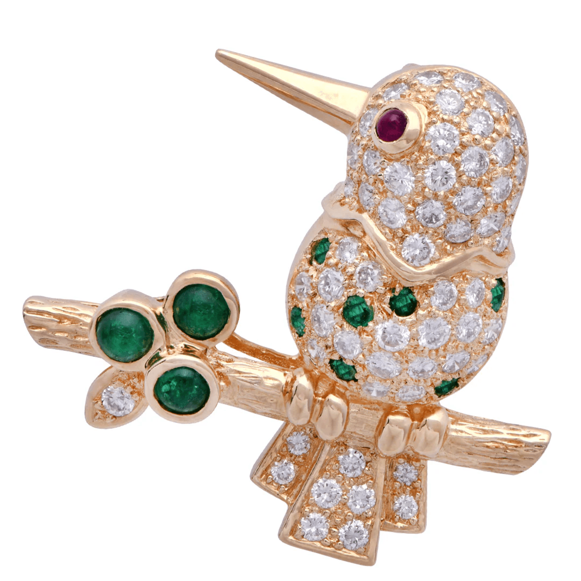 1980s 18KT Yellow Gold Diamond, Emerald & Ruby Hummingbird Brooch front