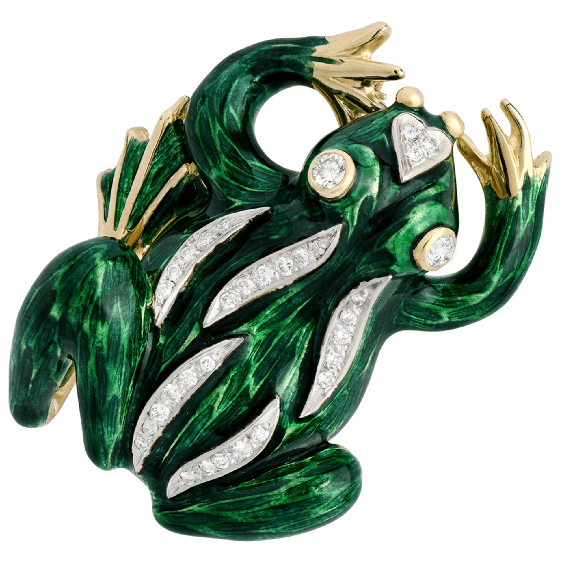 Hammerman Brothers 1980s 18KT Yellow Gold Diamond & Enamel Frog Brooch front