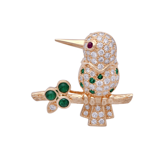 1980s 18KT Yellow Gold Diamond, Emerald & Ruby Hummingbird Brooch