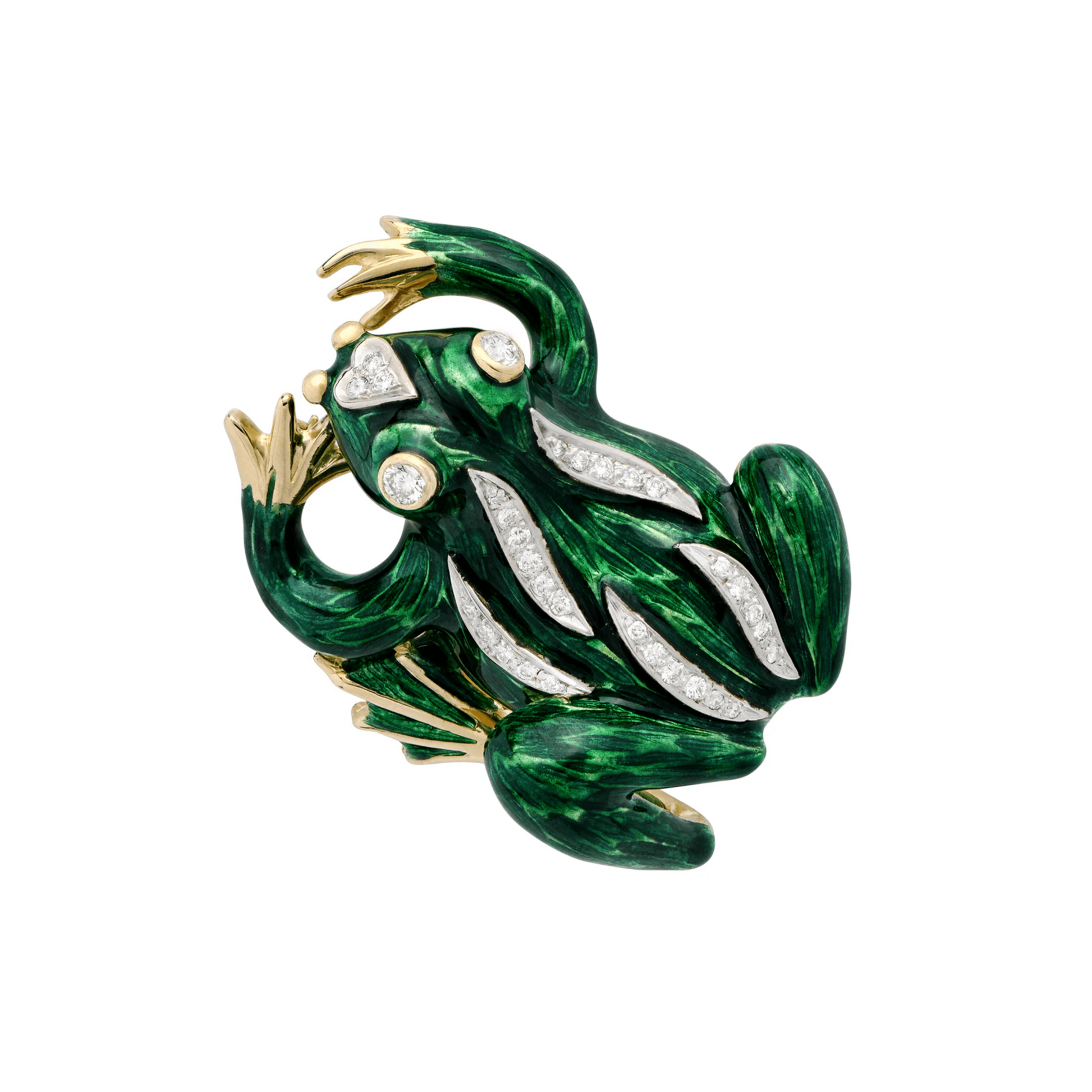 Hammerman Brothers 1980s 18KT Yellow Gold Diamond & Enamel Frog Brooch front