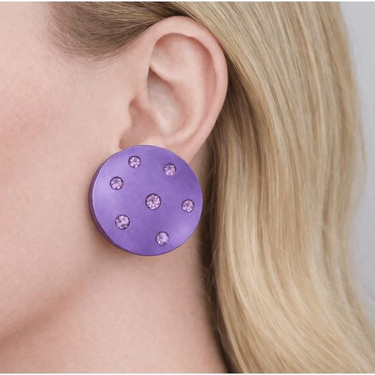 Sabbadini Post-1980s Aluminum & 18KT White Gold Amethyst & Sapphire Earrings on ear