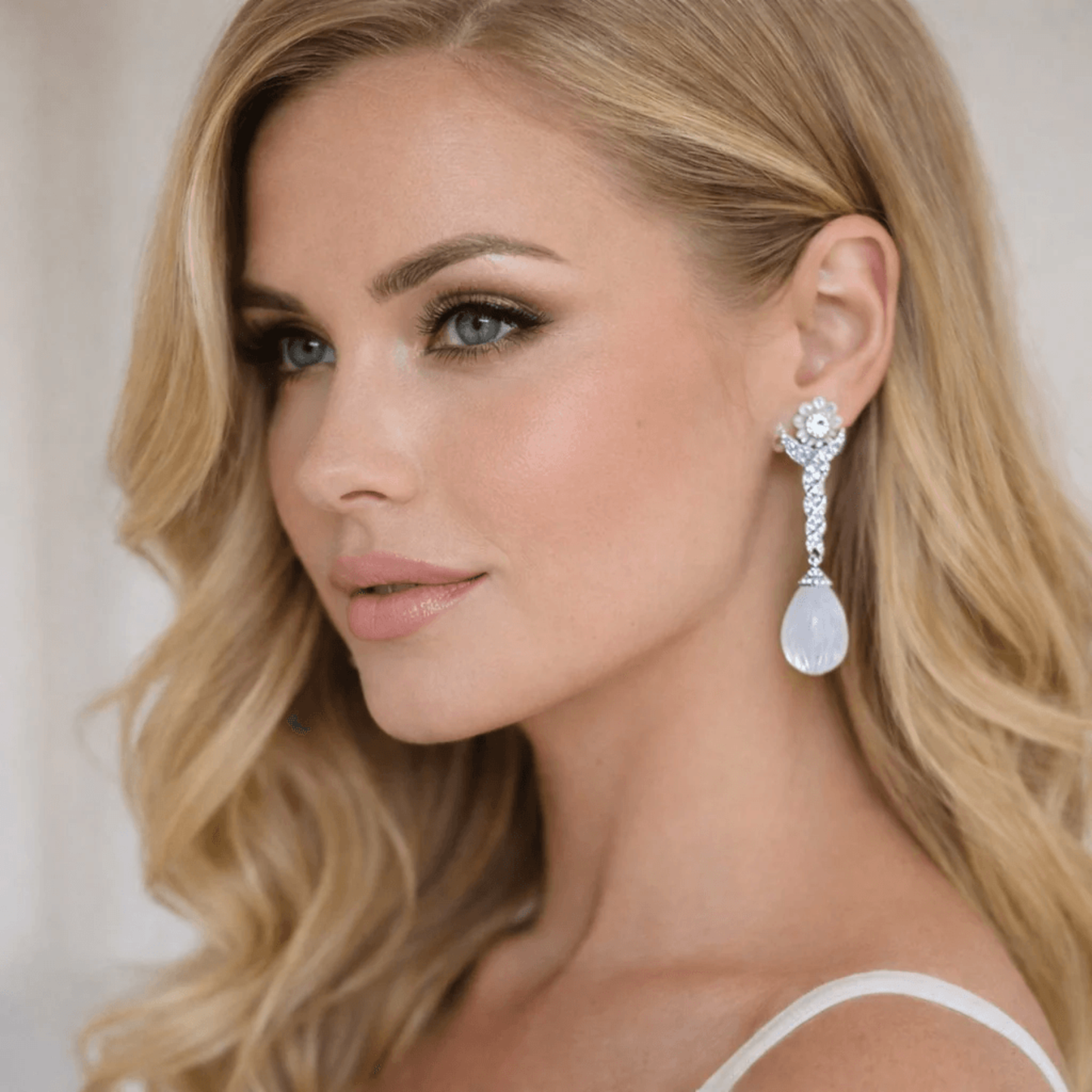 Contemporary Platinum Rock Crystal & Diamond Earrings on ear